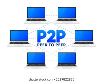 Sistema peer to peer. Global en línea p2p. Red enlazada al equipo del sistema. Documento de datos de transacciones. Ilustración vectorial.