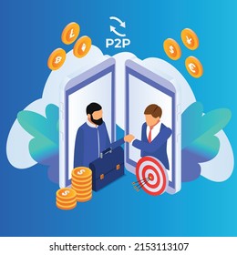 Peer to peer trading - Cryptocurrency investment in loan isometric 3d vector illustration concept for banner, website, illustration, landing page, flyer, etc.