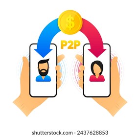 Peer to peer trading. P2P lending. Cryptocurrency. Virtual transaction between two users. Modern style. Vector illustration.
