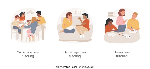 Peer tutoring isolated cartoon vector illustration set. Cross-ager peer tutoring, same-age child homework help, group of students help each other, academic education support vector cartoon.