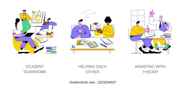 Colegio de tutorías por pares de ilustraciones de vectores de dibujos animados aislados. Trabajo en equipo de estudiantes, ayudándose entre ellos, asistiendo con la teoría, haciendo deberes juntos, supervisor científico, asesoramiento de dibujos animados vectores.