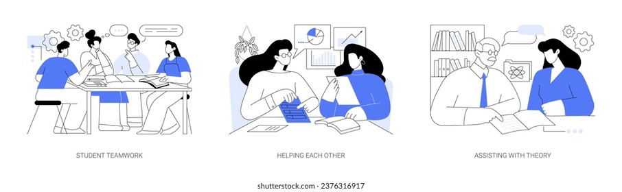 Peer tutoring isolated cartoon vector illustrations set. Student teamwork, helping each other, assisting with theory, making homework together, scientific supervisor, counselling vector cartoon.