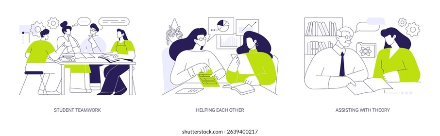 Peer tutoring isolated cartoon vector illustrations set. Student teamwork, helping each other, assisting with theory, making homework together, scientific supervisor, counselling vector cartoon.