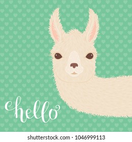 Peering llama and hand lettering "hello" on green background