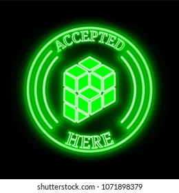 Peerplays (PPY) green  neon cryptocurrency symbol in round frame with text "Accepted here"