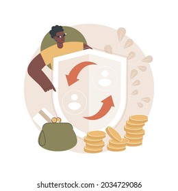 Peer-to-Peer insurance abstract concept vector illustration. P2P collaborative social risk insurance product, self-governing business model, fill a claim and get paid out online abstract metaphor.