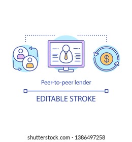 Peer-to-peer lender concept icon. P2P lending. Crowdlending. Web investment service. Online business seminar idea thin line illustration. Vector isolated outline drawing. Editable stroke