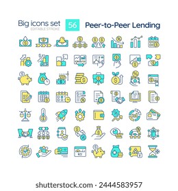 Peer-to-peer lending blue RGB color icons set. Investment. Obtain loans directly from individuals. Finance. Isolated vector illustrations. Simple filled line drawings collection. Editable stroke