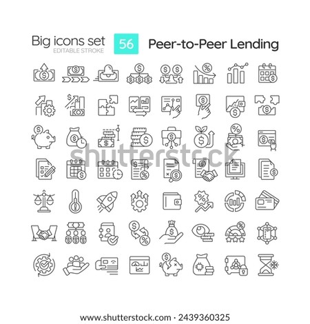 Peer-to-peer lending linear icons set. Investment. Obtain loans directly from individuals. Finance. Customizable thin line symbols. Isolated vector outline illustrations. Editable stroke