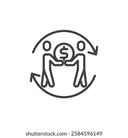 Peer-to-Peer line icon. P2P linear style sign for mobile concept and web design. Two people exchanging coins outline vector icon. Decentralized transaction symbol, logo illustration. Vector graphics