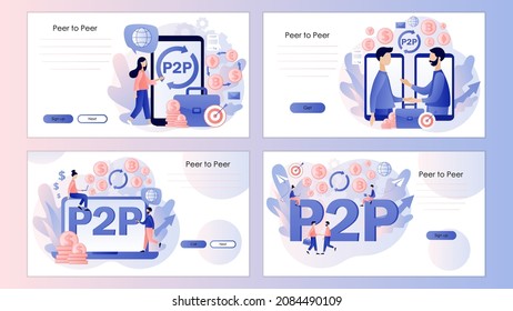 Peer-to-peer trading. P2P lending. Investment. Deposit. Tiny people invest e-money. Cryptocurrency Screen template for landing page, template, ui, web, mobile app, poster, banner, flyer. Vector 