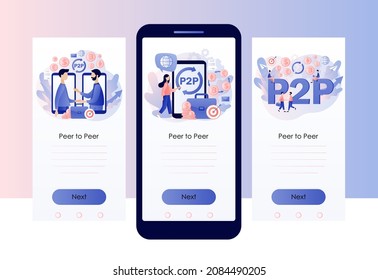 Peer-to-peer trading. P2P lending. Investment in loan. Deposit agreement. Tiny people invest e-money. Cryptocurrency. Screen template for mobile, smartphone app. Modern flat cartoon style. Vector 