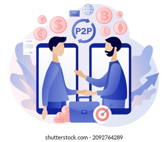 Peer-to-peer trading. P2P lending. Investment in loan. Tiny people enter into deposit agreement. Invest e-money. Cryptocurrency. Modern flat cartoon style. Vector illustration on white background