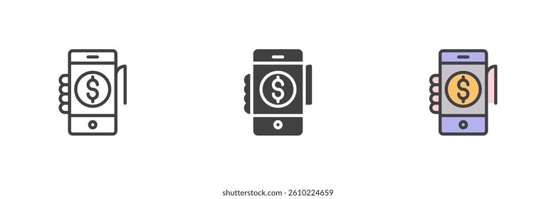 Peer-to-Peer Transfer different style icon set. Line, glyph and filled outline colorful version, outline and filled vector sign. Hand holding a mobile phone with a coin symbol, logo illustration