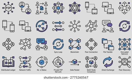 Peet to Peer Line Editable Icons set. Vector illustration in modern thin style of technology related icons: money transfer, digital payment, decentralized network, and more. 
