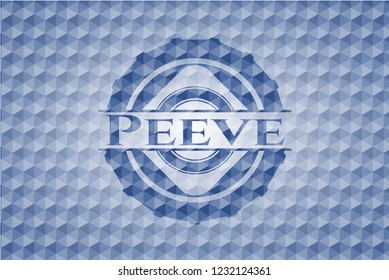Peeve blue badge with geometric pattern background.