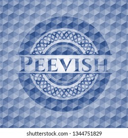 Peevish blue badge with geometric pattern background.