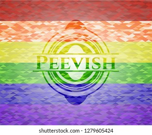 Peevish on mosaic background with the colors of the LGBT flag