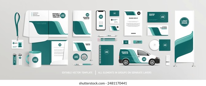 Pefect vector Brand Identity concept of stationery Mock-Up set with green abstract graphics (set 2). Corporate style on stationery mockup template of File folder, annual report, van car, AD banner