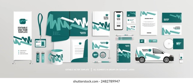 Pefect vector Brand Identity concept of stationery Mock-Up set with green abstract graphics. Corporate style layout and stationery mockup template of File folder, annual report, van car, AD banner