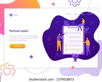 Peform tasks. Professionals to fill a checklist. Web banner design template. Flat vector illustration.