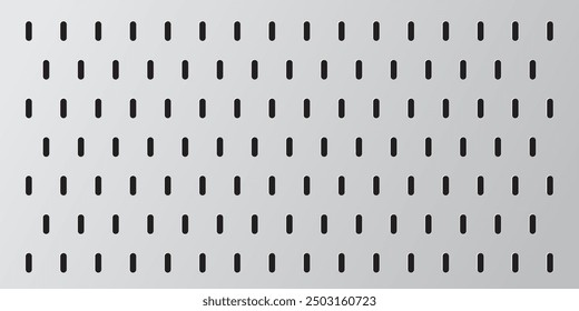 Tablero de clavijas con agujeros ovalados. Fondo de textura perforada de tablero de clavijas de gradiente gris rectángulo para herramientas de banco de trabajo. 