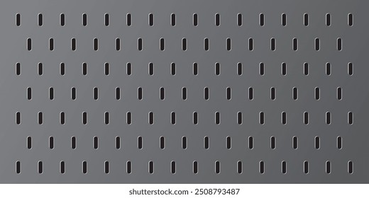 Tablero de clavijas con agujeros ovalados. Fondo de textura perforada de tablero de clavijas de gradiente gris rectángulo para herramientas de banco de trabajo. 