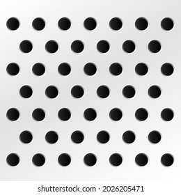Peg board with round holes. Grey peg board perforated texture background for working bench tools. Vector illustration