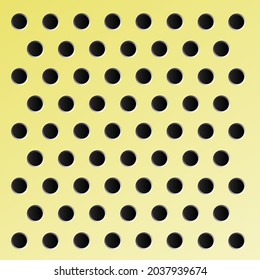 Peg board with round holes. Yellow peg board perforated texture background for working bench tools. Vector illustration