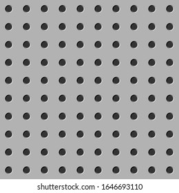 Peg board seamless pattern texture. Perforated wall background. Gray board with holes.