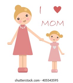 Peg doll girl with mother, vector