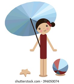 Peg doll girl on the beach in summer, vector