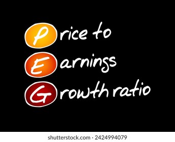 PEG Price to Earnings Growth ratio - valuation metric for determining the relative trade-off between the price of a stock, the earnings generated per share, acronym text concept background