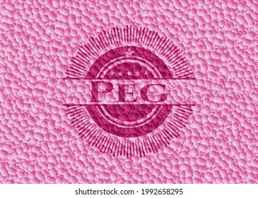 Emblema rosa realista de Peg con fondo de burbujas. Ilustración vectorial. Detallado. 
