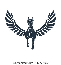 pegas icono frontal sobre fondo blanco, Pegasus en mitología griega, elemento de logotipo para plantilla, semental divino alado, 