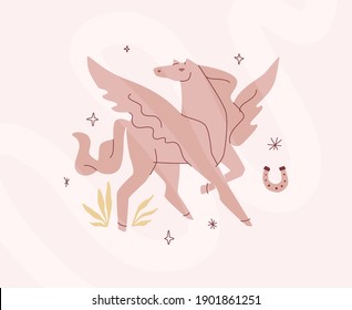 Pegasus antique figure surrounded by stars, grass and horseshue. Modern 'flat with lines' illustration in pastel or terracotta shades. Contemporary vector art.