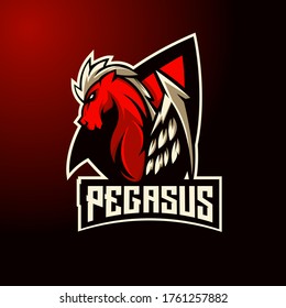 Pegasus athletic club vector logo concept isolated on dark background for badge, emblem and t shirt printing. Modern sport team mascot badge design.