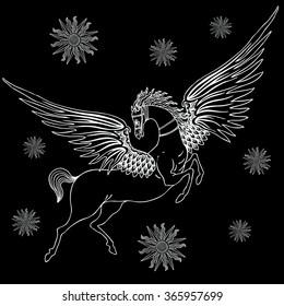  Pegasus b/w. Vector illustration.