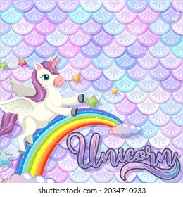 Pegasus Cartoon Character On Pastel Mermaid Scales Background Illustration