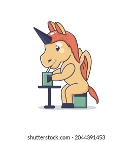 Pegasus character sitting with drink
