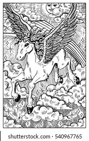 Pegasus in clouds, flying horse with wings. Fantasy magic creatures collection. Hand drawn vector illustration. Engraved line art drawing, graphic mythical doodle. Template for card game, poster