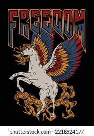 Pegasus with Colourful Wings and Freedom Slogan For Apparel and Other Uses