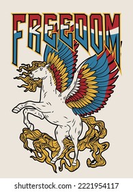 Pegasus with Colourful Wings and Freedom Slogan on White Background For Apparel and Other Uses