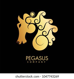Pegasus company gold promotional emblem with mythical horse profile