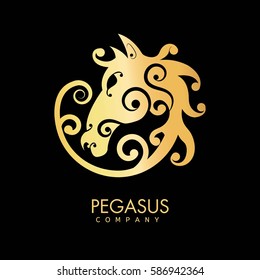 Pegasus company golden horse creative logo design isolated on black background. Head of fast animal branding label vector illustration. Silhouette of powerful pony, symbol of strength and freedom