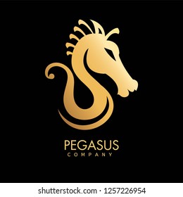 Pegasus company logotype of agency isolated icon logo vector mythological creature resembling horse fantasy art with text of agency name and symbol equine sign medieval character gold drawing.