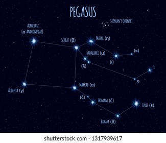 Pegasus constellation, vector illustration with the names of basic stars against the starry sky 