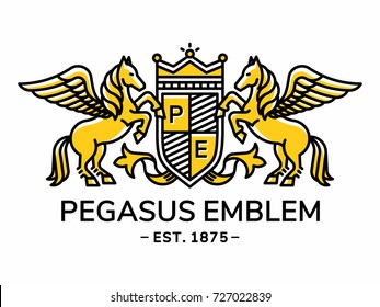 Pegasus emblem heraldry line style with shield and crown - vector illustration, logo design on white background