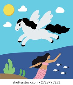 ein pegasus fliegt am himmel während eine Meerjungfrau im meer ist