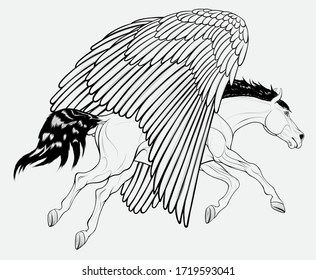 Pegasus flies with wings lowered down. Mythological horse runs through the sky. Linear vector clip art and design element for magical goods.